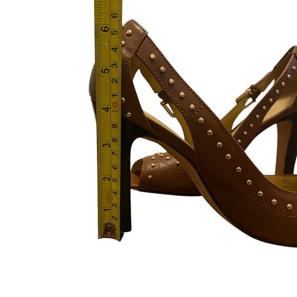 Coach (Style Q1293) Billee Golden Studded Peep Toe 4" Heels Size 9B in Brown - Picture 11 of 15